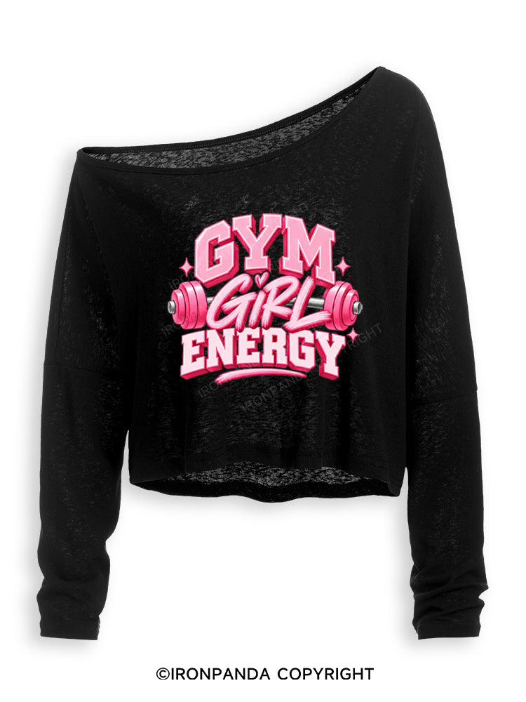 GYM GIRL ENERGY PINK POSITIVE VIBE Off Shoulder Long Sleeve Crop Top