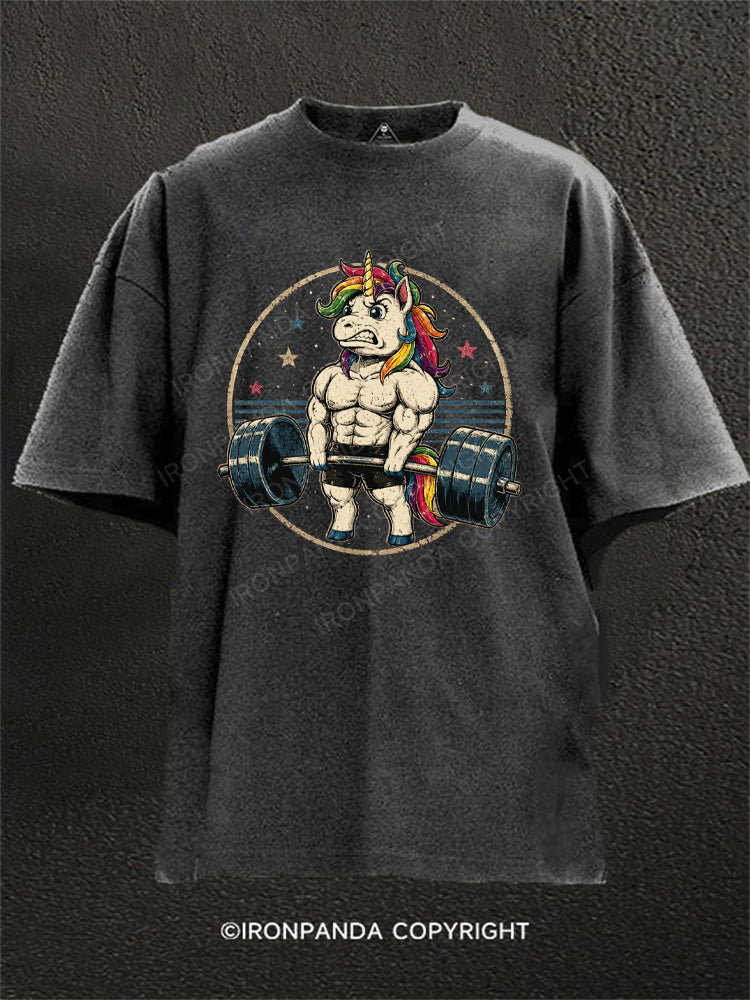 Retro Muscular Unicorn Deadlift Washed Gym Shirt