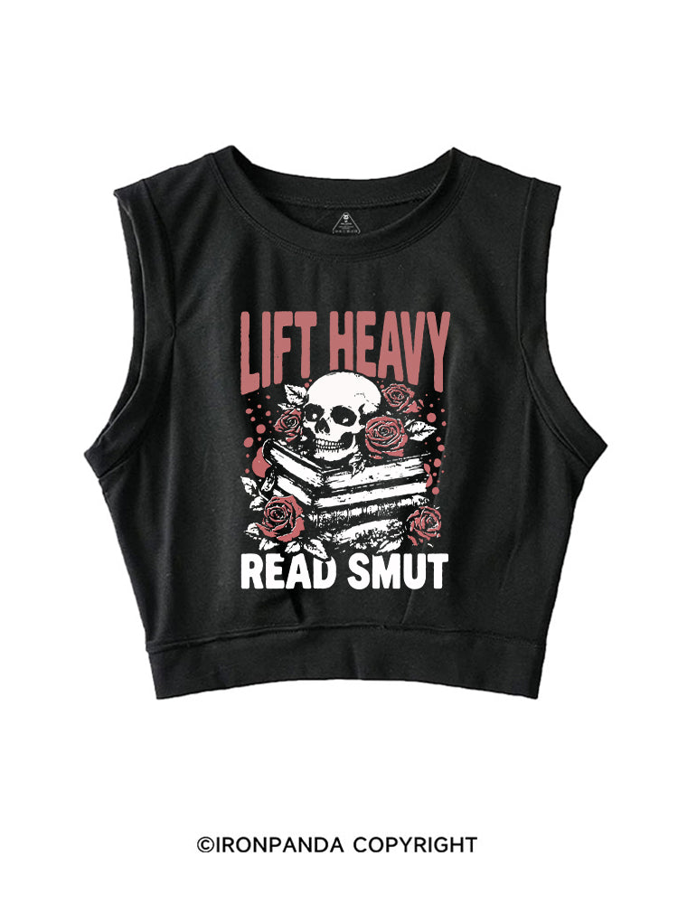 LIFT HEAVY READ SMUT ROSY SKULL SLEEVELESS CROP TOPS