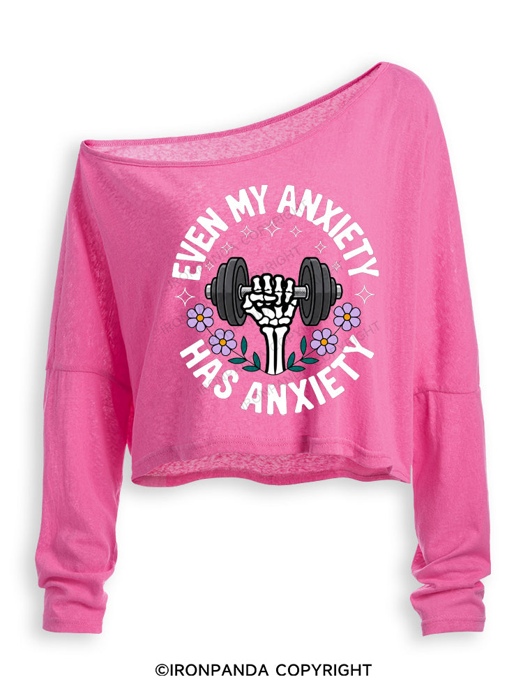 EVEN MY ANXIETY HAS ANXIETY SKELETON Off Shoulder Long Sleeve Crop Top