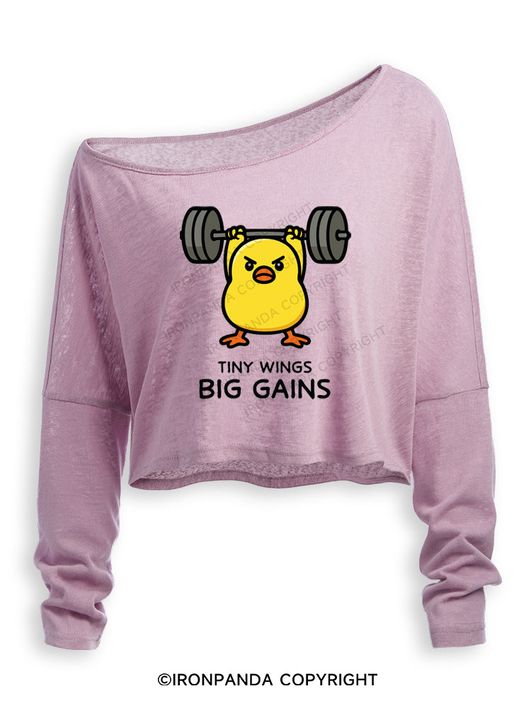 TINY WINGS BIG GAINS Off Shoulder Long Sleeve Crop Top