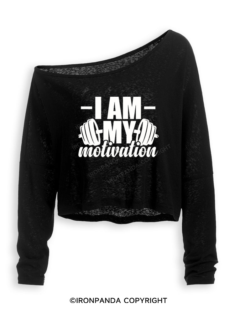 I AM MY MOTIVATION Off Shoulder Long Sleeve Crop Top