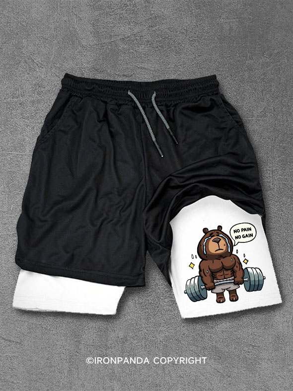 NO PAIN NO GAIN WEIGHTLIFTING BEAR Performance Training Shorts
