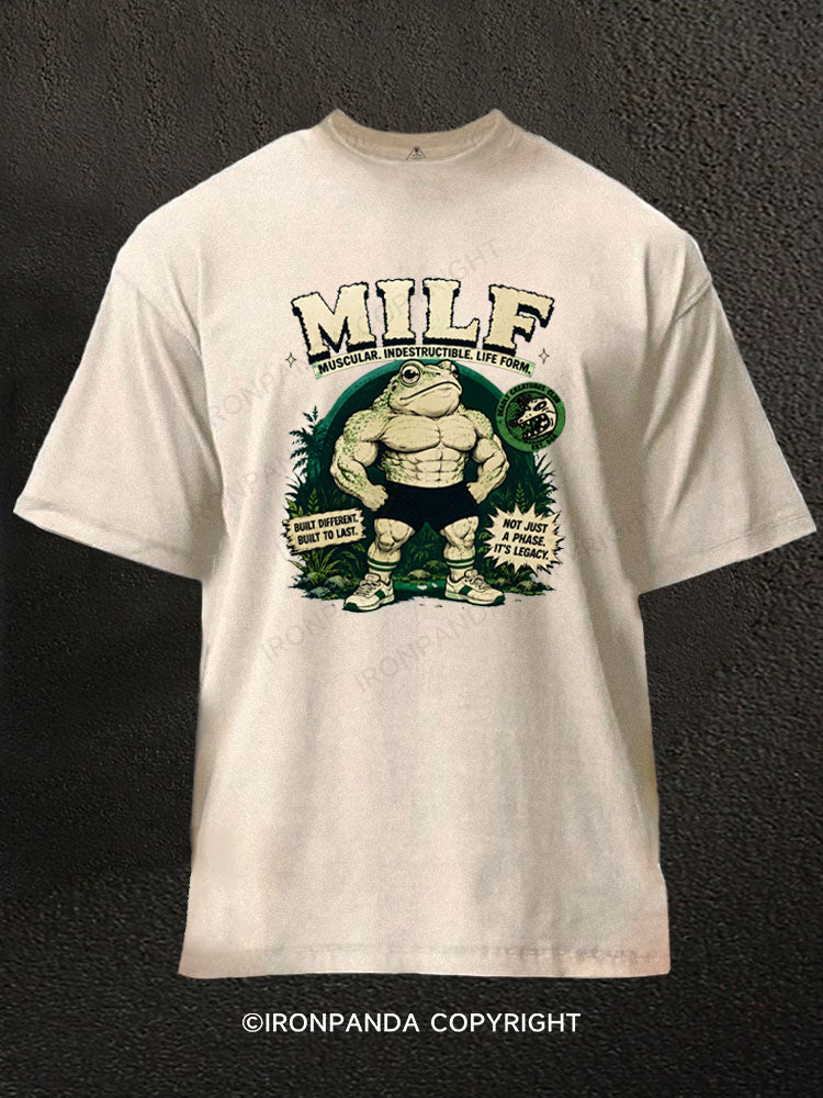 MILF Muscular Indestructible Life Form Funny Frog Washed Gym Shirt