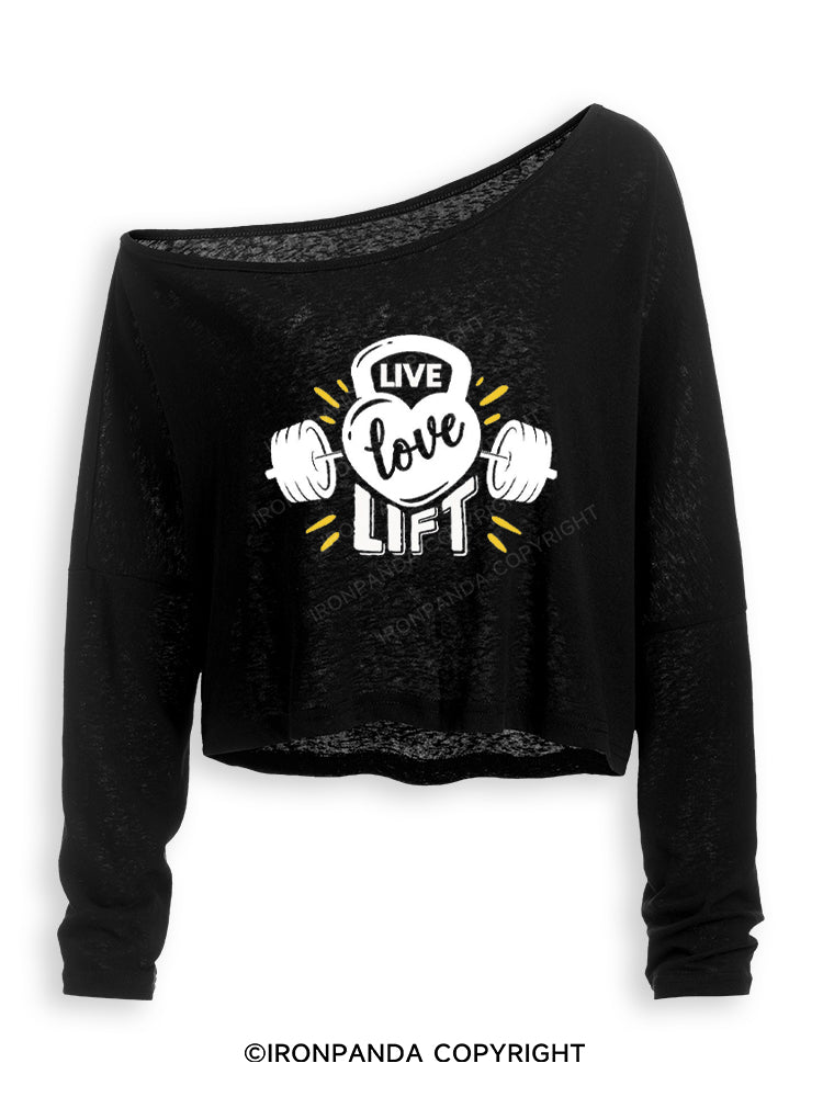 LIVE LOVE LIFT GYM LOVER Off Shoulder Long Sleeve Crop Top