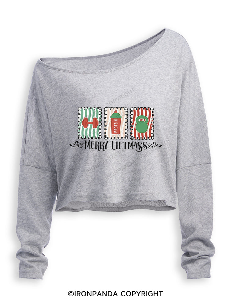 MERRY LIFTMASS CHRISTMAS WORKOUT Off Shoulder Long Sleeve Crop Top