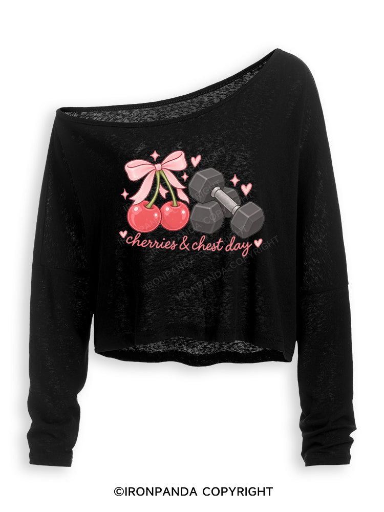 CHERRIES & CHEST DAY Off Shoulder Long Sleeve Crop Top