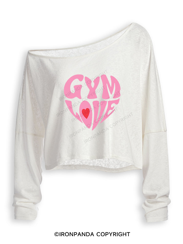 GYM LOVE STRONG PINK VIBES Off Shoulder Long Sleeve Crop Top