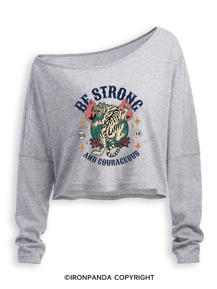 BE STRONG AND COURAGEOUS Off Shoulder Long Sleeve Crop Top