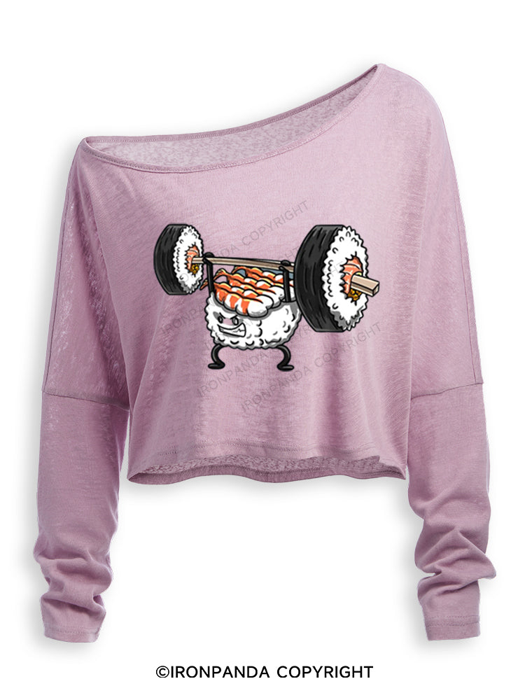 Weightlifting Sushi Funny Off Shoulder Long Sleeve Crop Top