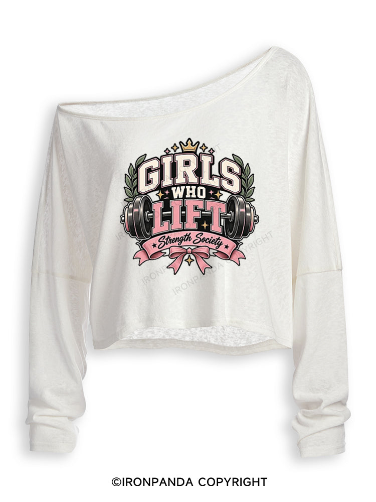 GIRLS WHO LIFT STRENGTH SOCIETY Off Shoulder Long Sleeve Crop Top
