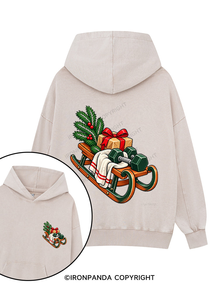 CHRISTMAS DUMBBELLS AND FESTIVE SLEIGH Printed Washed Gym Hoodie