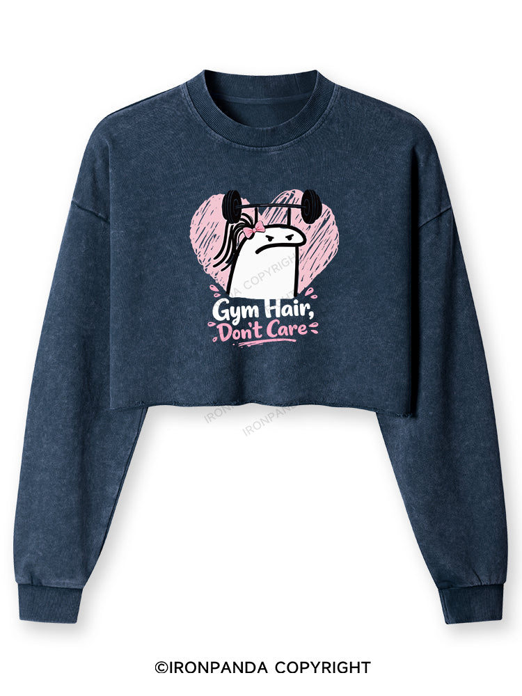 Gym Hair Don't Care Funny Gym Washed Long-Sleeve Crop Top