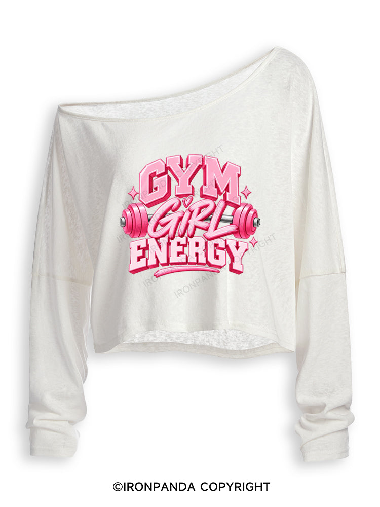 GYM GIRL ENERGY PINK POSITIVE VIBE Off Shoulder Long Sleeve Crop Top