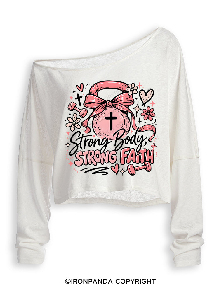 STRONG BODY, STRONG FAITH JESUS Off Shoulder Long Sleeve Crop Top
