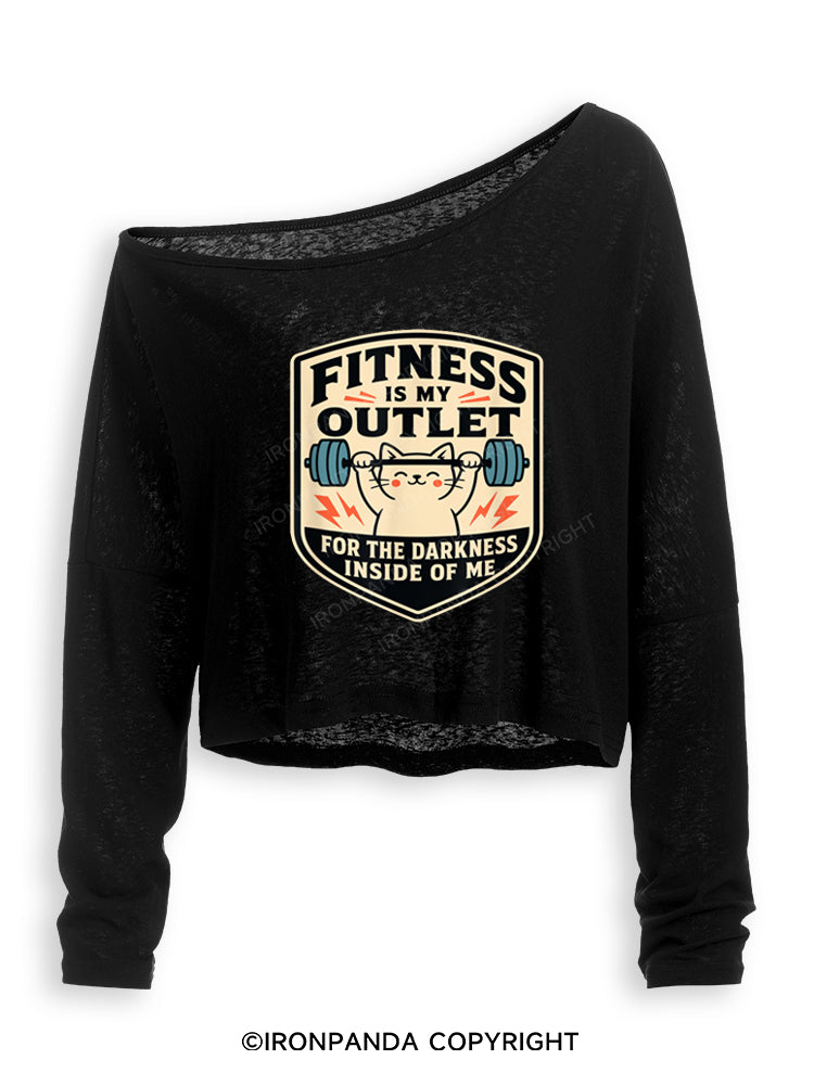 FITNESS IS MY OUTLET FOR THE DARKNESS INSIDE OF ME Off Shoulder Long Sleeve Crop Top
