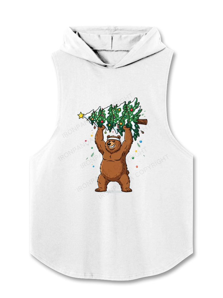 Strong Grizzly Bear Lifting Christmas Tree Hooded Tank