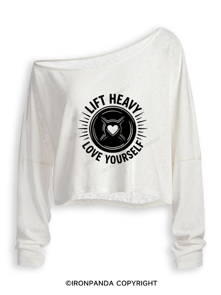 LIFT HEAVY LOVE YOURSELF Off Shoulder Long Sleeve Crop Top