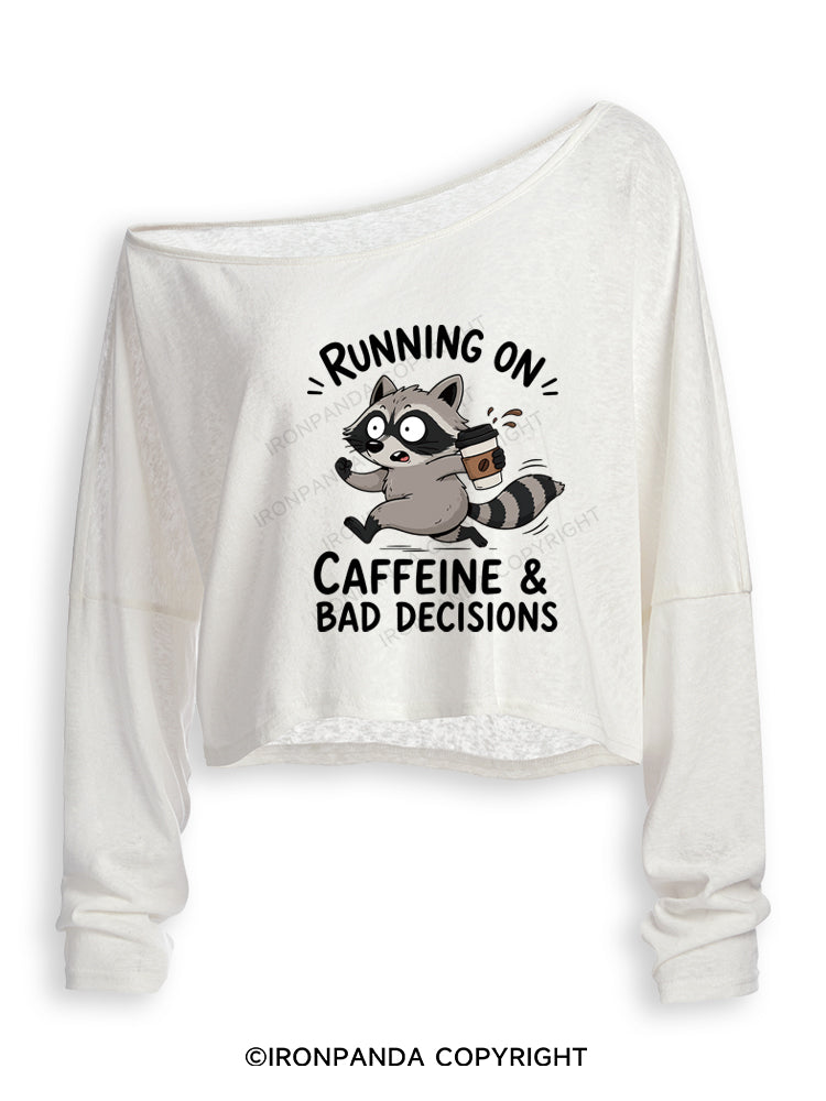 Running On Caffeine And Bad Decisions Funny Raccoon Off Shoulder Long Sleeve Crop Top