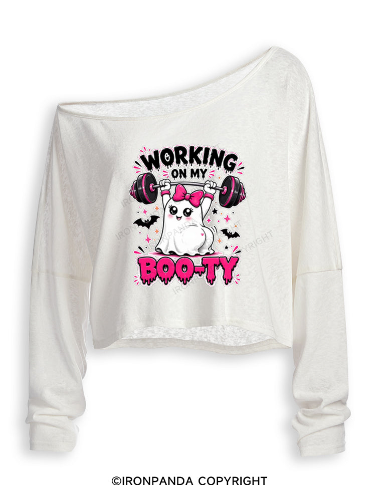 WORKING ON MY BOO-TY CUTE GYM GHOST Off Shoulder Long Sleeve Crop Top