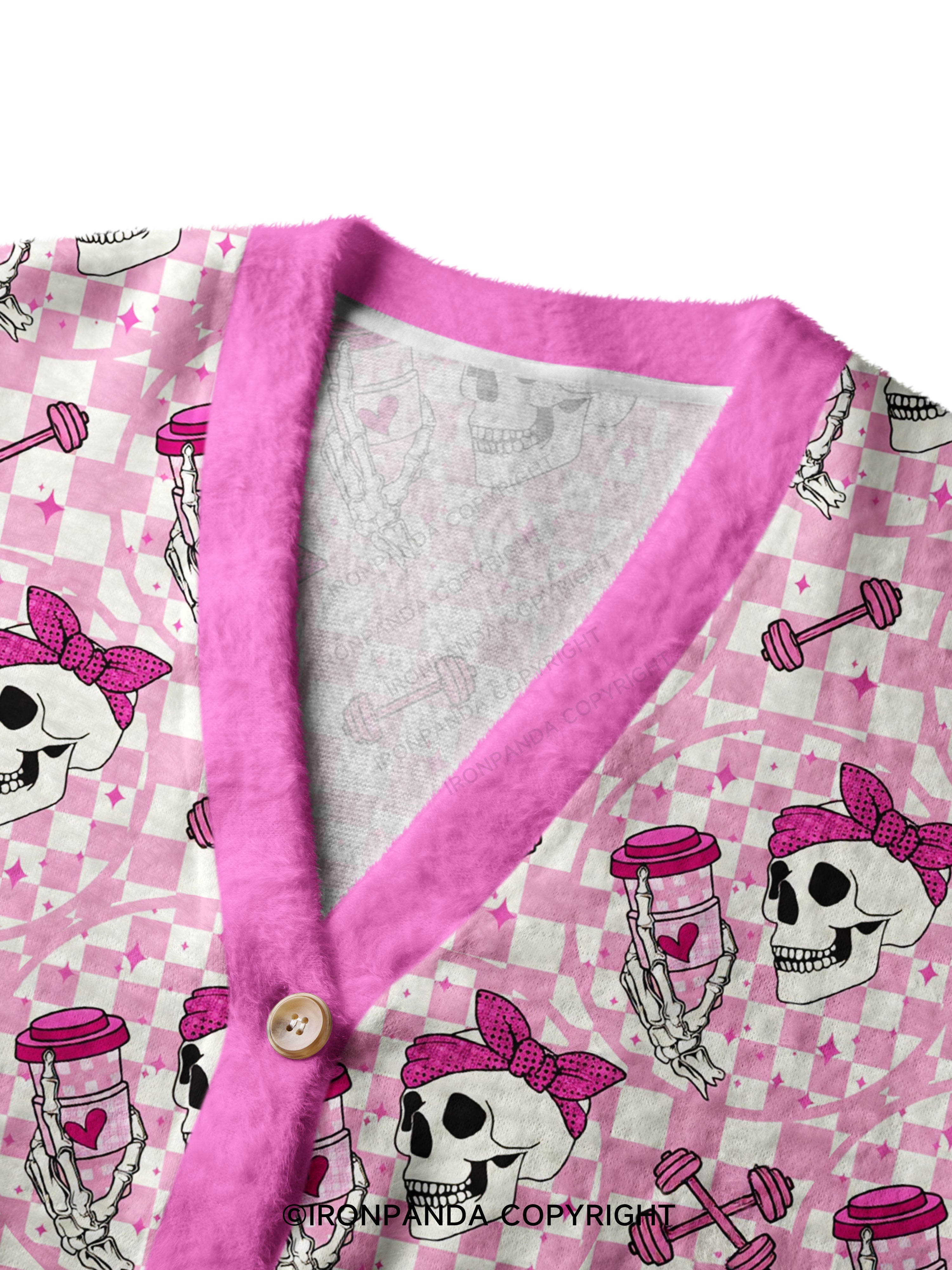 Pink Check Gym Skull Ugly Cardigan Sweater