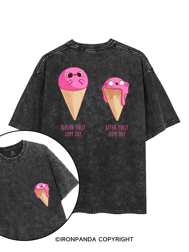 BEFORE AND AFTER FIRST GYM DAY FUNNY ICE CREAM printed Gym Shirt