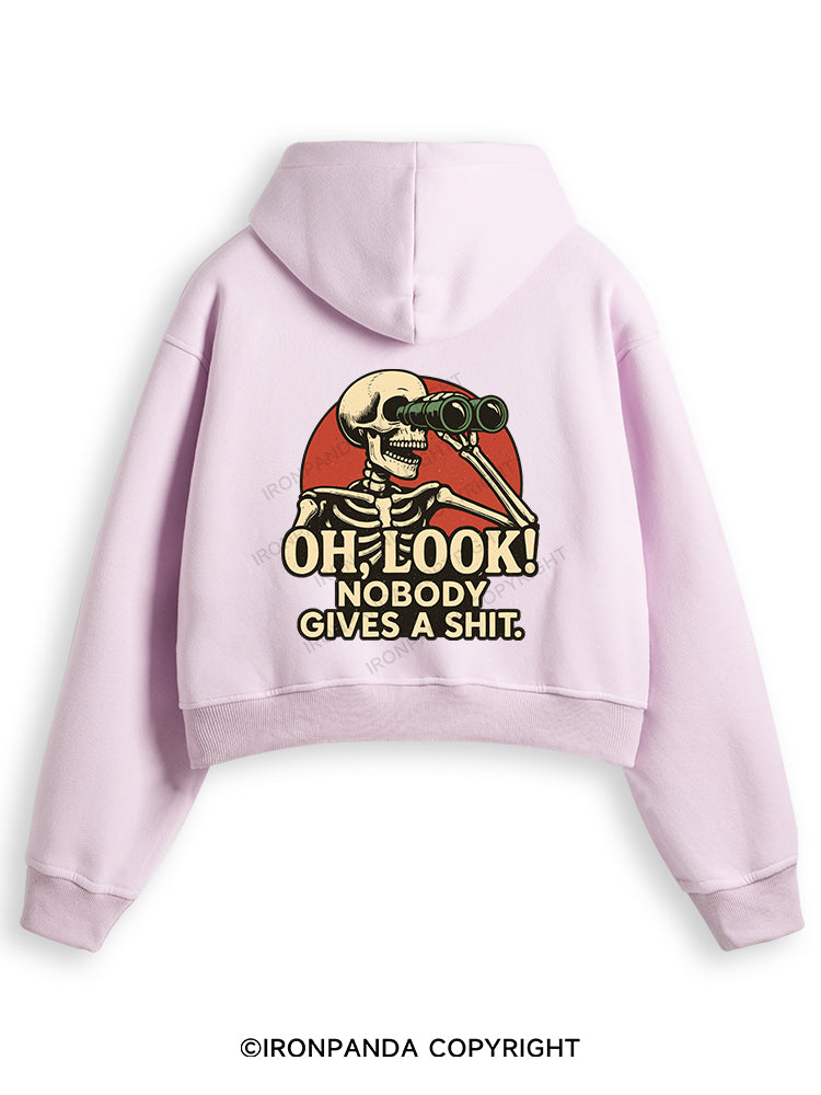OH, LOOK! NOBODY GIVES A SHIT Fleece Crop Zip Up Hoodie