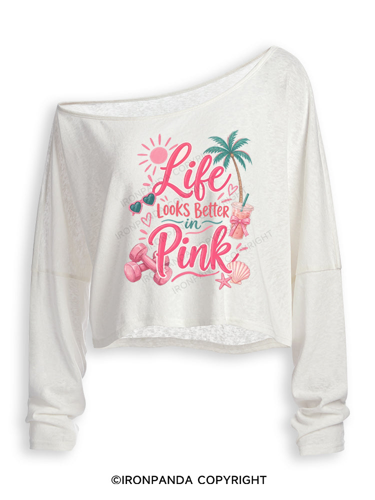 LIFE LOOKS BETTER IN PINK Off Shoulder Long Sleeve Crop Top