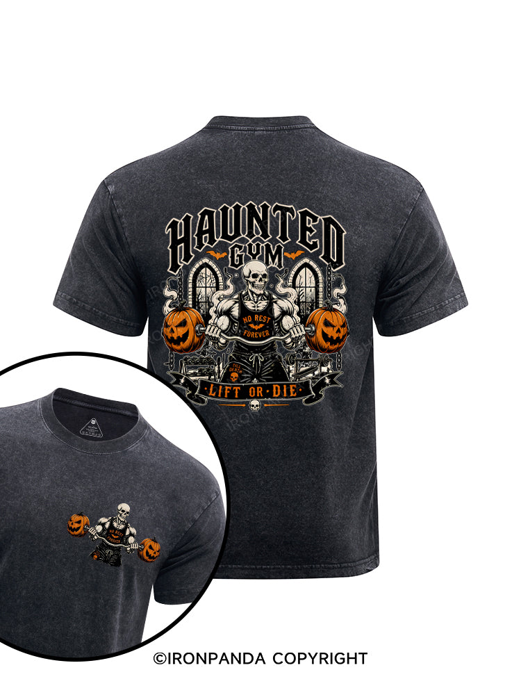 Haunted Gym Halloween Workout Skeleton Pumpkins Printed Washed Gym Shirt