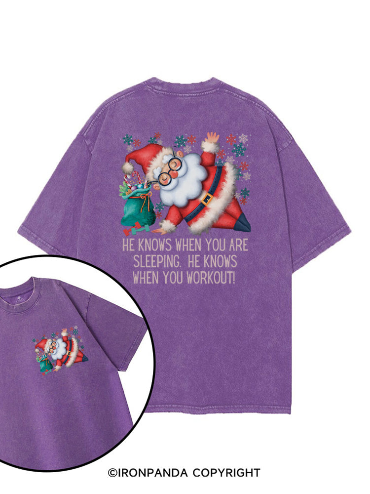 Funny Christmas Santa Knows When You Workout printed Gym Shirt