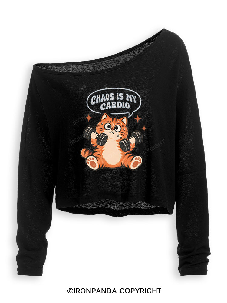 CHAOS IS MY CARDIO GYM KITTY Off Shoulder Long Sleeve Crop Top