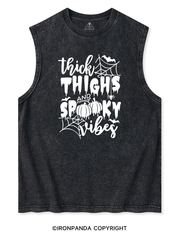 THICK THIGHS AND SPOOKY VIBES PUMPKIN HALLOWEEN Washed Tank