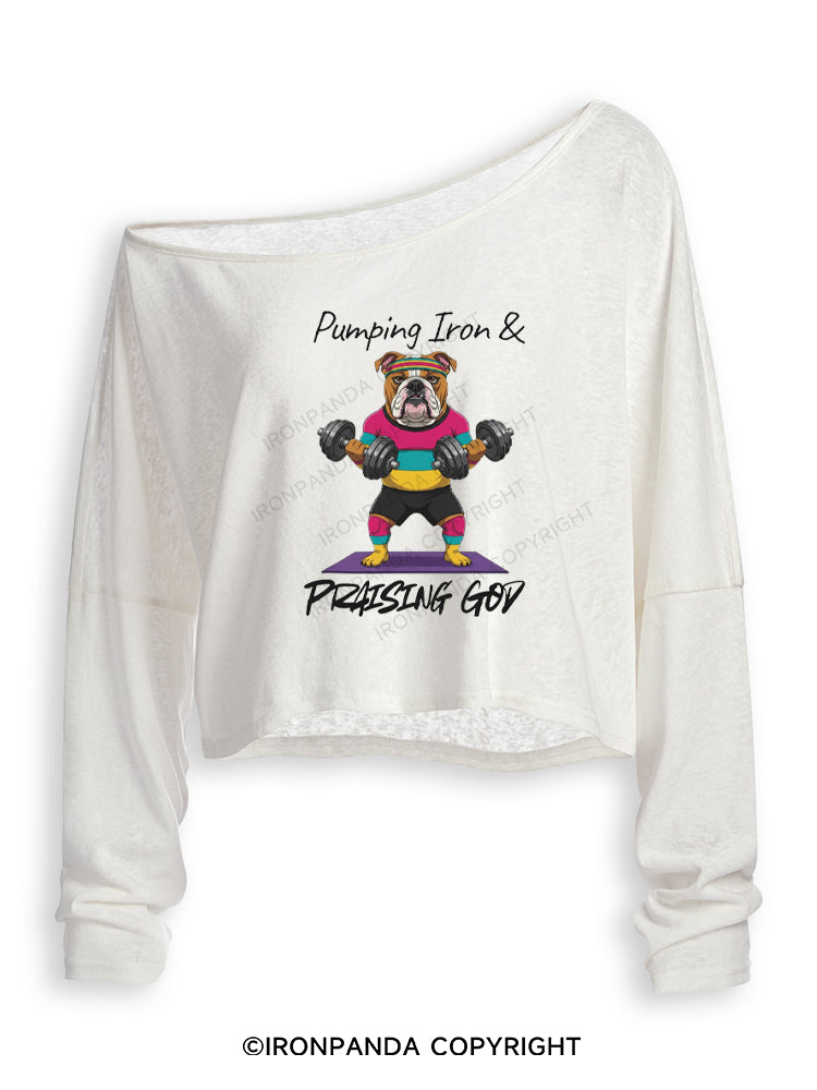 Pumping Iron and Praising God Off Shoulder Long Sleeve Crop Top