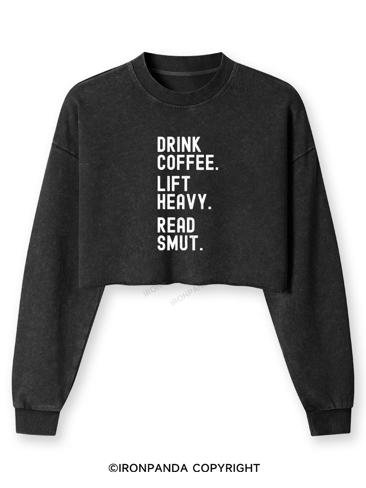 DRINK COFFEE. LIFT HEAVY. READ SMUT Washed Long-Sleeve Crop Top