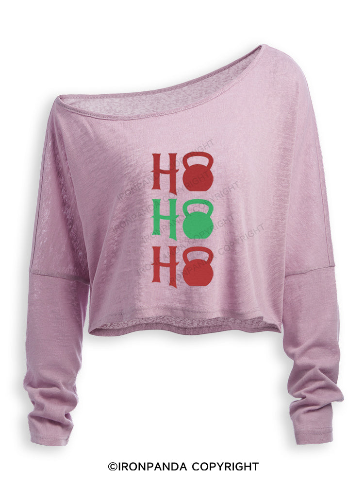 HO HO HO HOLIDAY FITNESS KETTLEBELL Off Shoulder Long Sleeve Crop Top