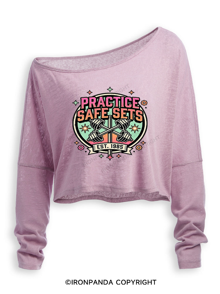 PRACTICE SAFE SETS FUNNY RETRO Off Shoulder Long Sleeve Crop Top
