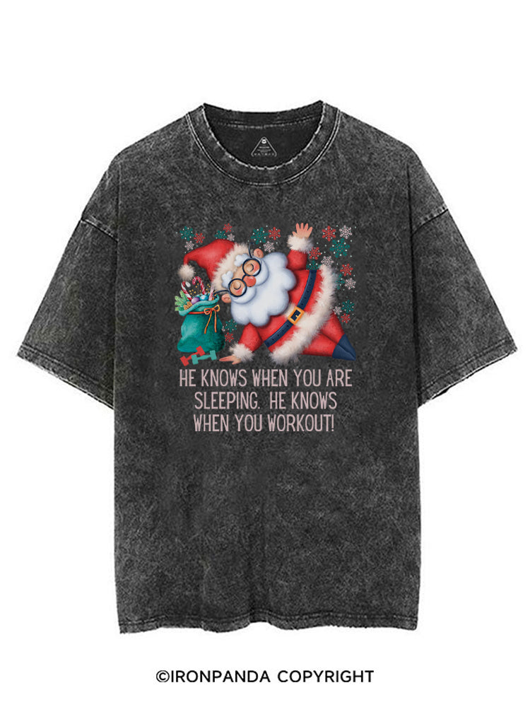 Funny Christmas Santa Knows When You Workout VINTAGE GYM SHIRT