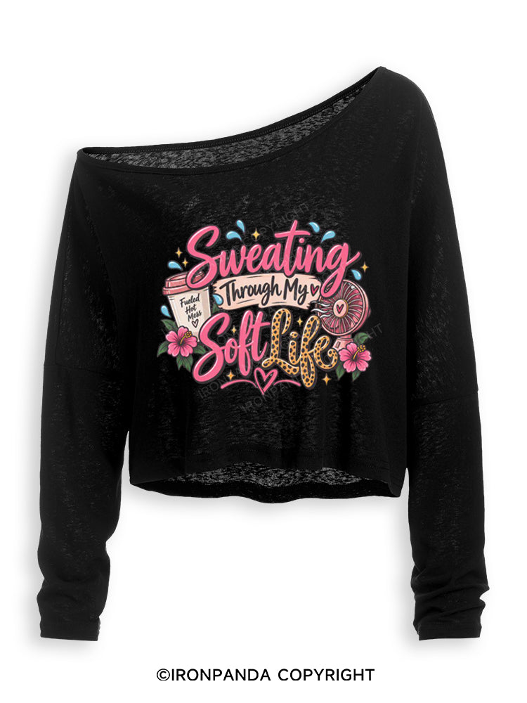 Sweating Through My Soft Life Off Shoulder Long Sleeve Crop Top