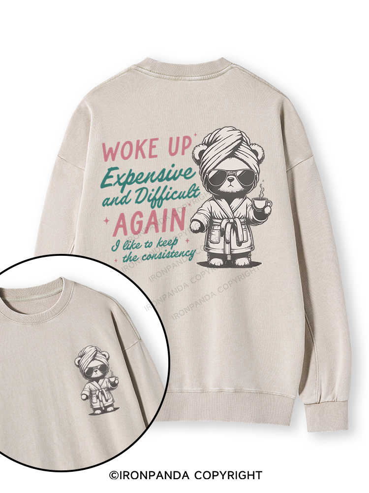 WOKE UP EXPENSIVE AND DIFFICULT AGAIN Double-Sided Printed Washed Sweatshirt