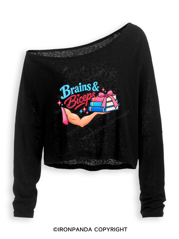 BRAINS & BICEPS Off Shoulder Long Sleeve Crop Top