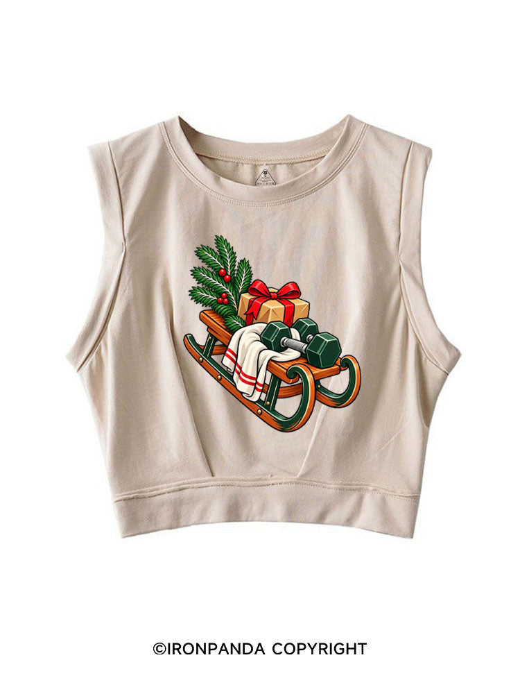 CHRISTMAS DUMBBELLS AND FESTIVE SLEIGH SLEEVELESS CROP TOPS
