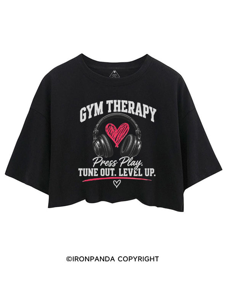 GYM THERAPY Press Play TUNE OUT LEVEL UP CROP TOPS