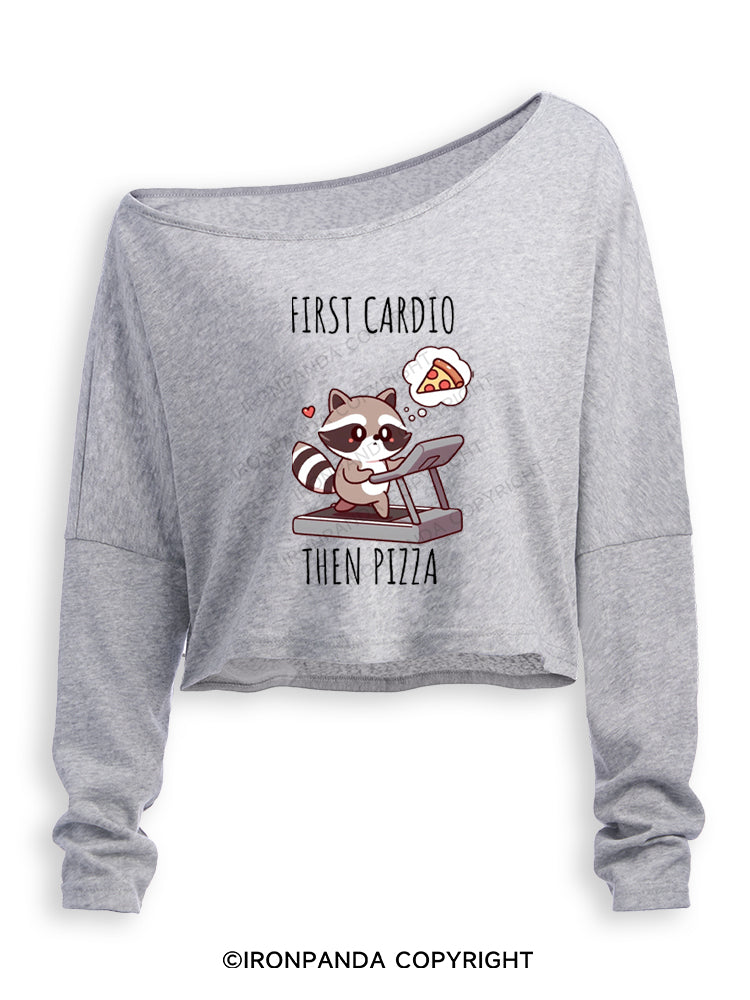 FIRST CARDIO THEN PIZZA CHEAT DAY RACCOON Off Shoulder Long Sleeve Crop Top
