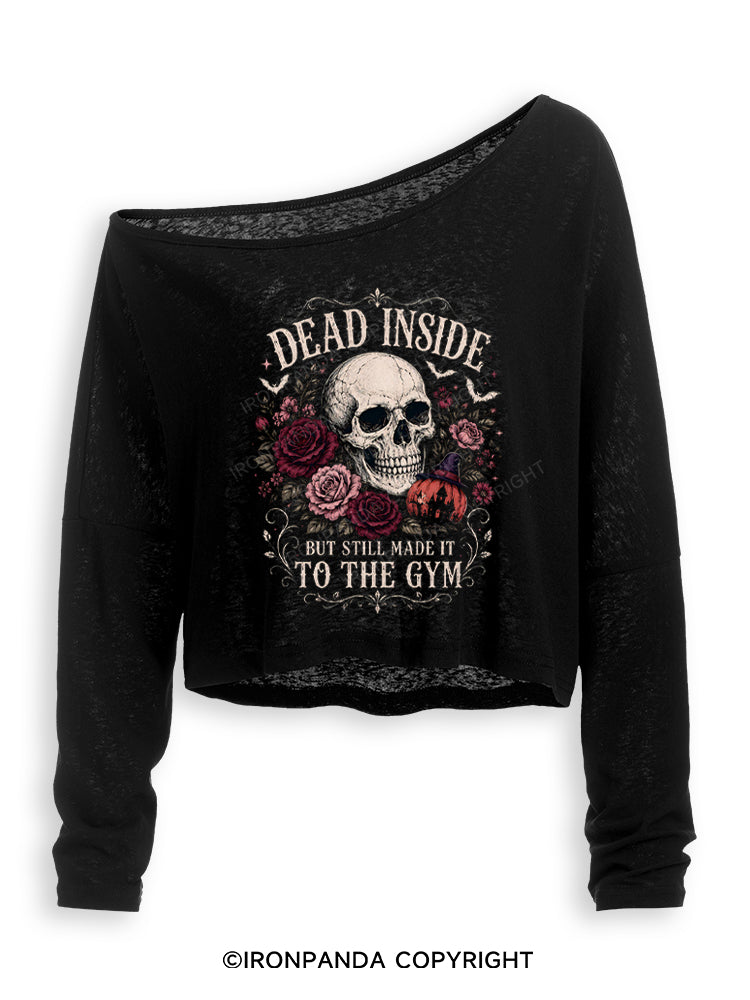 Dead Inside But Still Made It to the Gym Halloween Skeleton Off Shoulder Long Sleeve Crop Top