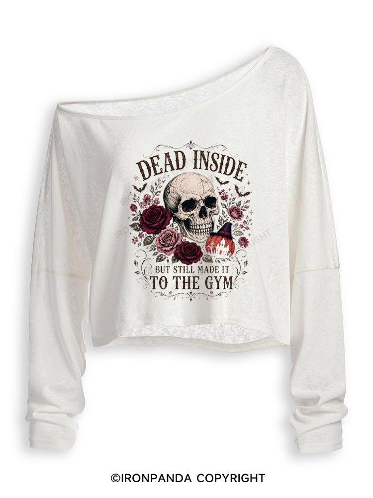 Dead Inside But Still Made It to the Gym Halloween Skeleton Off Shoulder Long Sleeve Crop Top