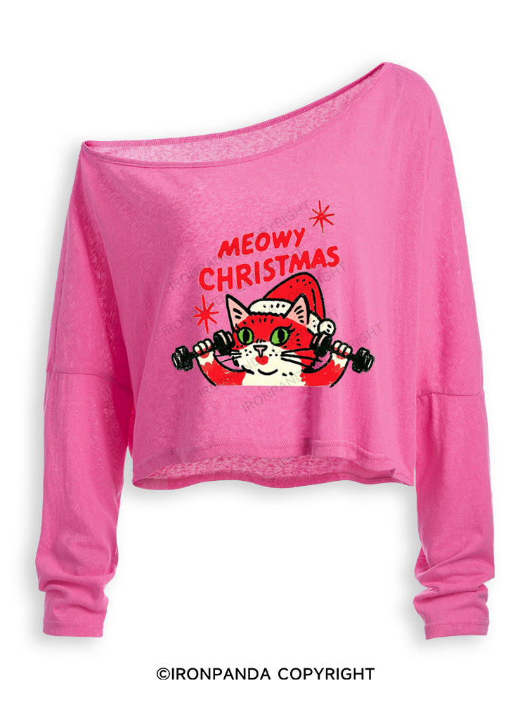 MEOWY CHRISTMAS RETRO CAT CHRISTMAS Off Shoulder Long Sleeve Crop Top