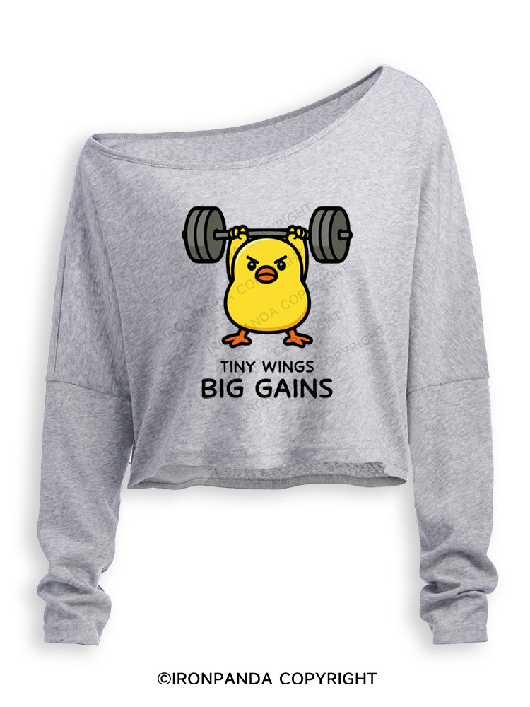 TINY WINGS BIG GAINS Off Shoulder Long Sleeve Crop Top
