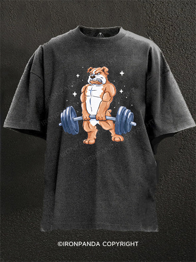 Bulldog Bodybuilder Barbell Washed Gym Shirt