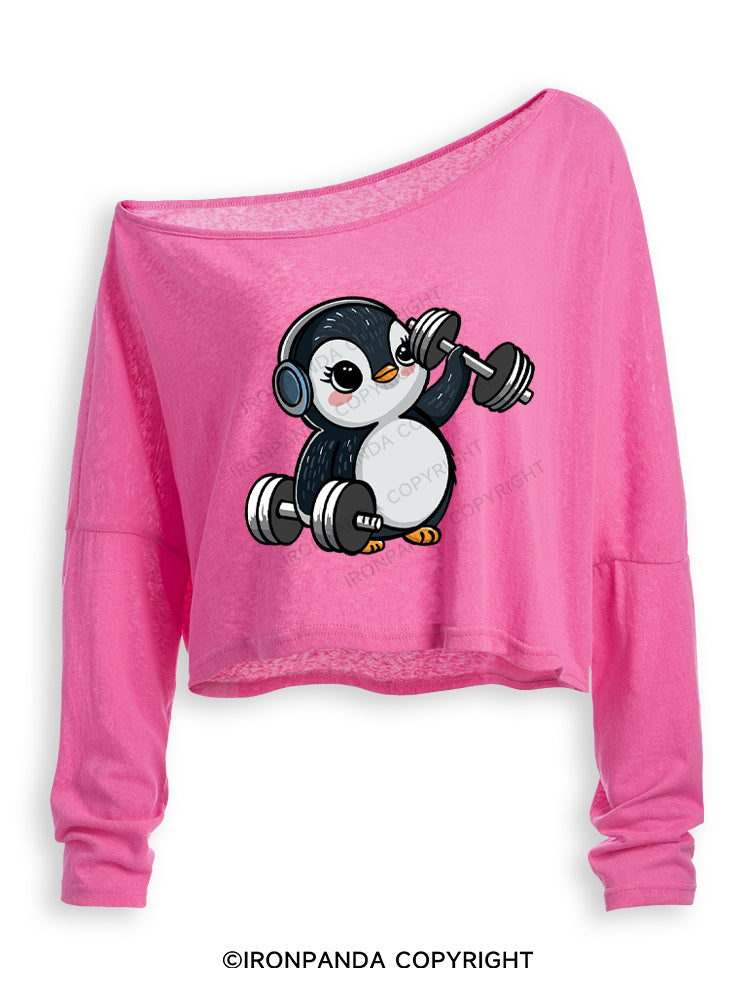 DUMBBELL PENGUIN Off Shoulder Long Sleeve Crop Top