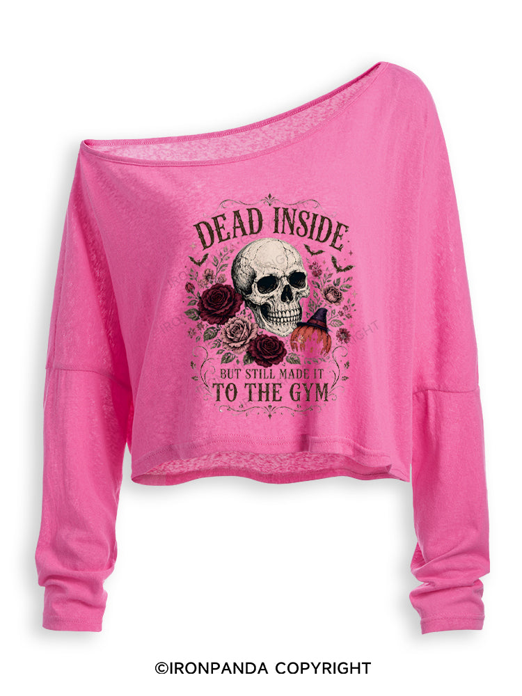 Dead Inside But Still Made It to the Gym Halloween Skeleton Off Shoulder Long Sleeve Crop Top